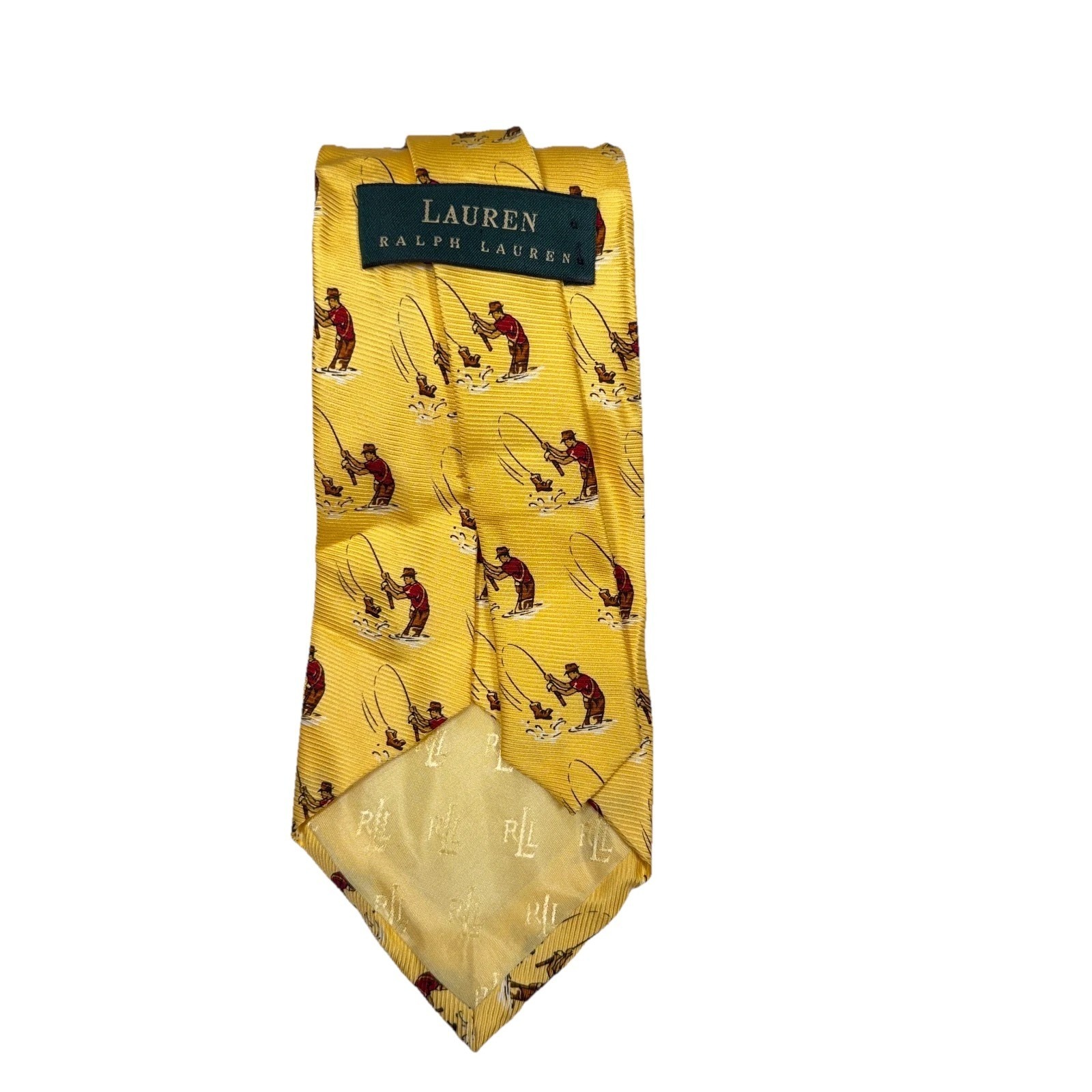 Vtg Lauren Ralph Lauren Silk Neck Tie Yellow Fisherman Print Luxury Made In Usa